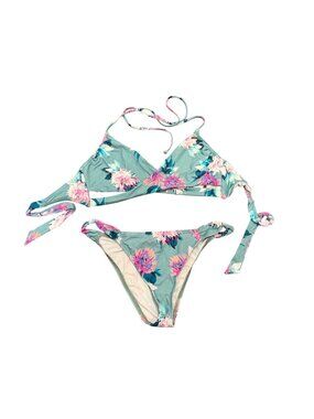 O'Neill Bikini Set Medium Green Floral Tie Side Bottom Halter Top Swimsuit‎
